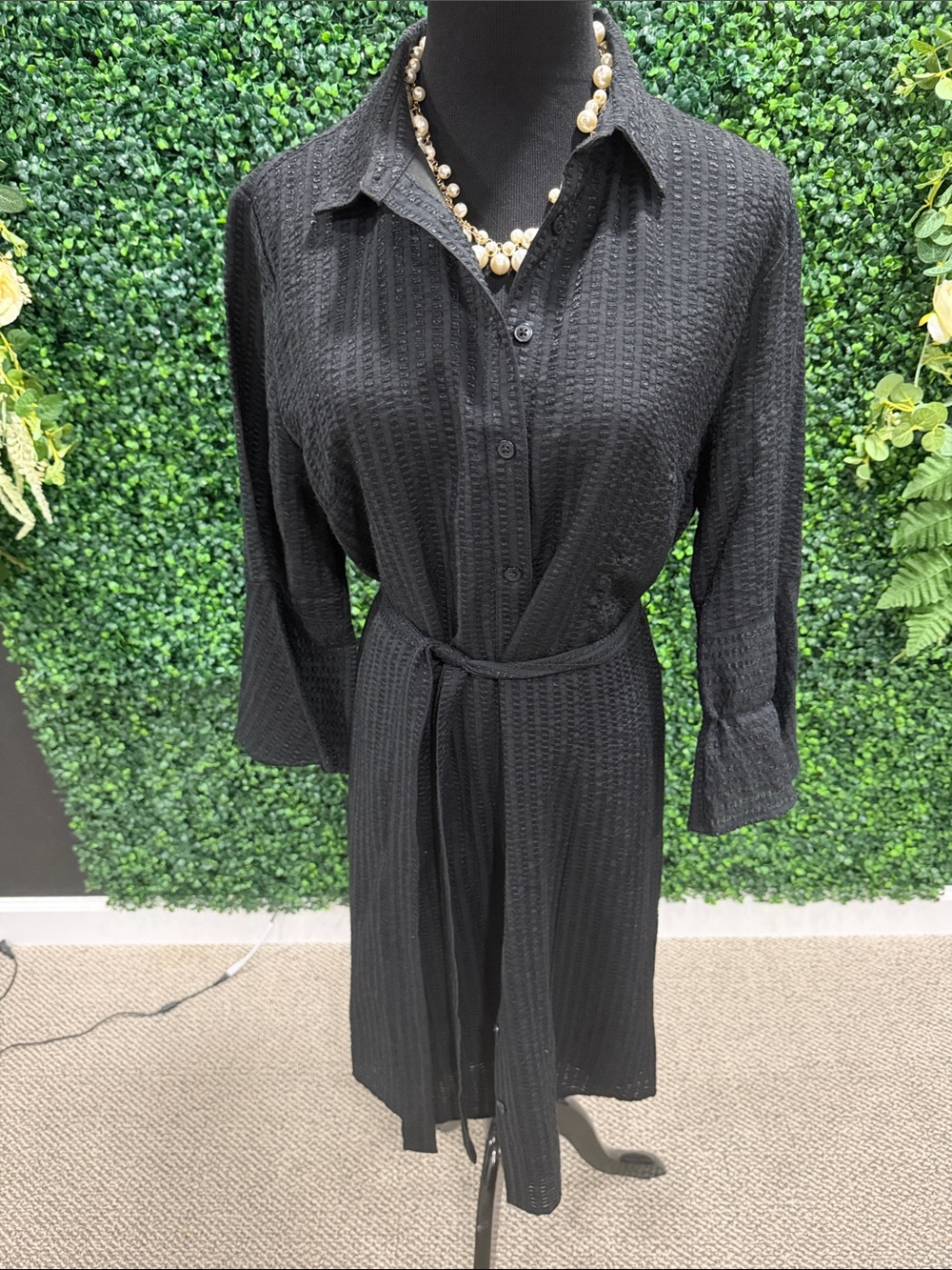 Banana Republic Black Textured Shirt Dress with Tie Belt